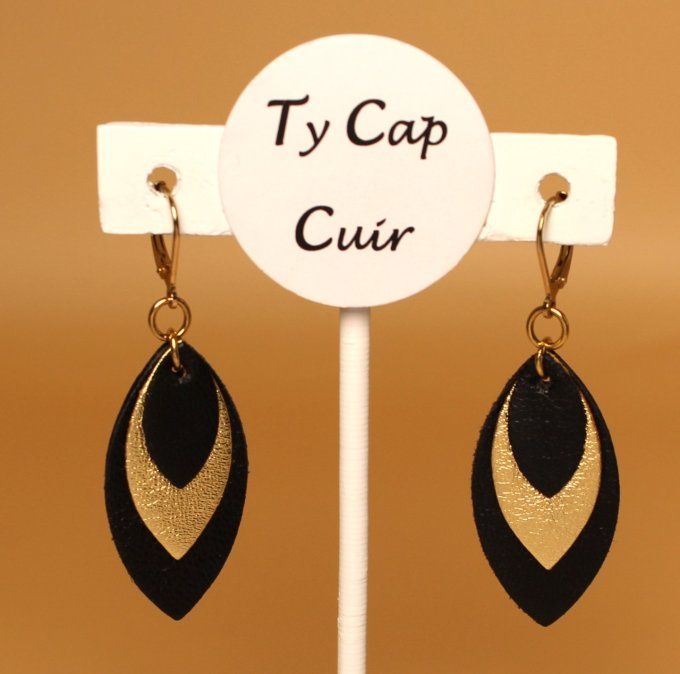 Boucles d'oreilles OLIVIERA cuir noir et or